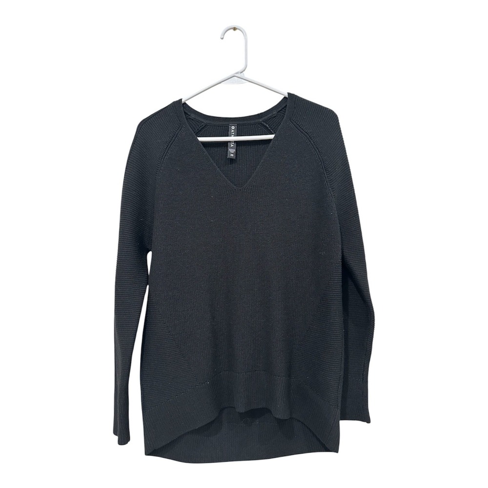 Athleta Womens Black Merino Wool Blend V-Neck‎ Ribbed High-Low Sweater XS